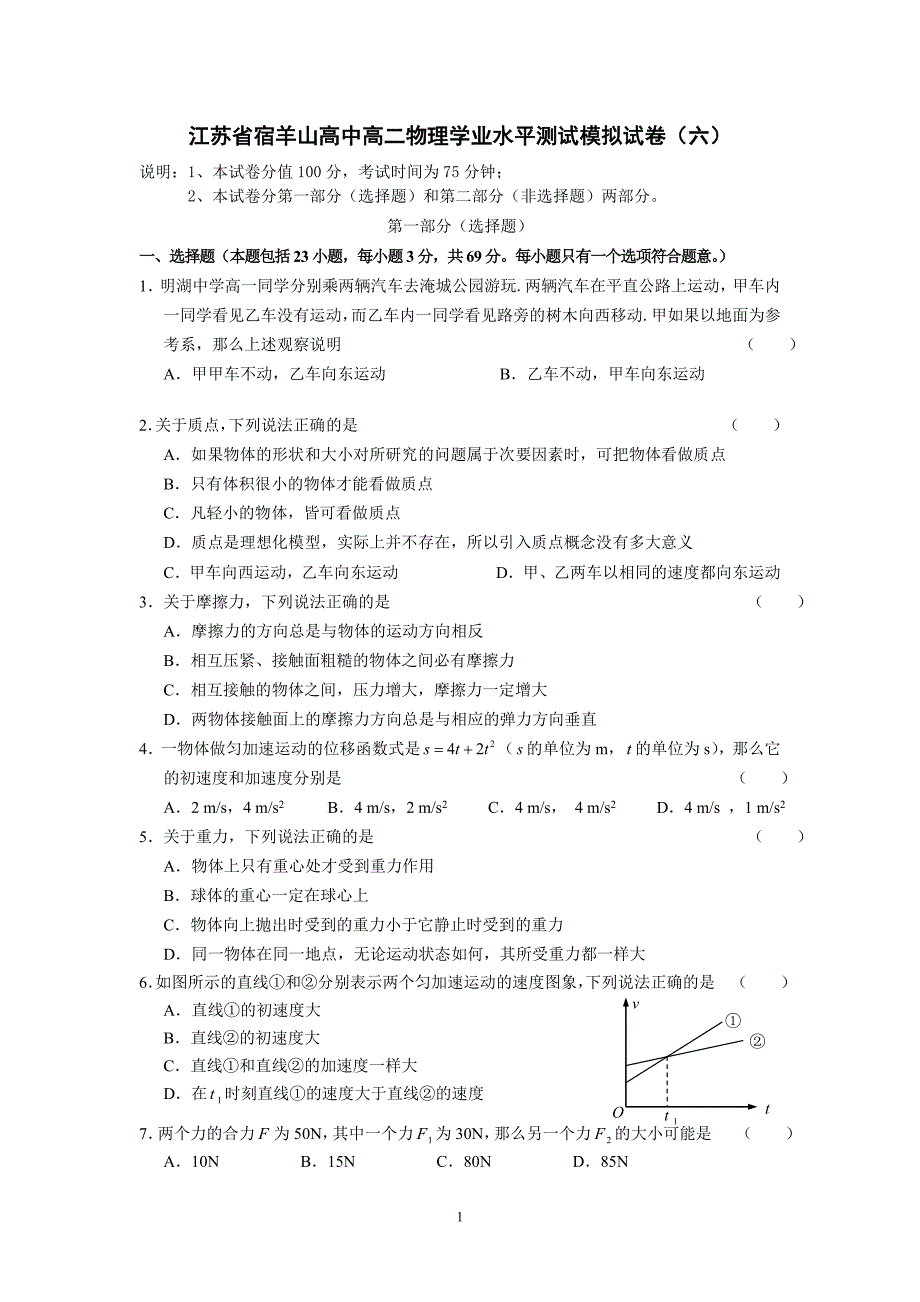 江苏省宿羊山高中高二物理学业水平测试模拟试卷(六)_第1页