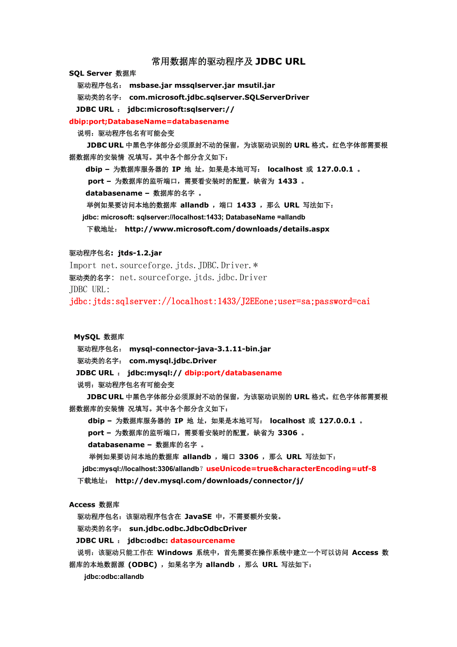 常用数据库的驱动程序及jdbc url_第1页