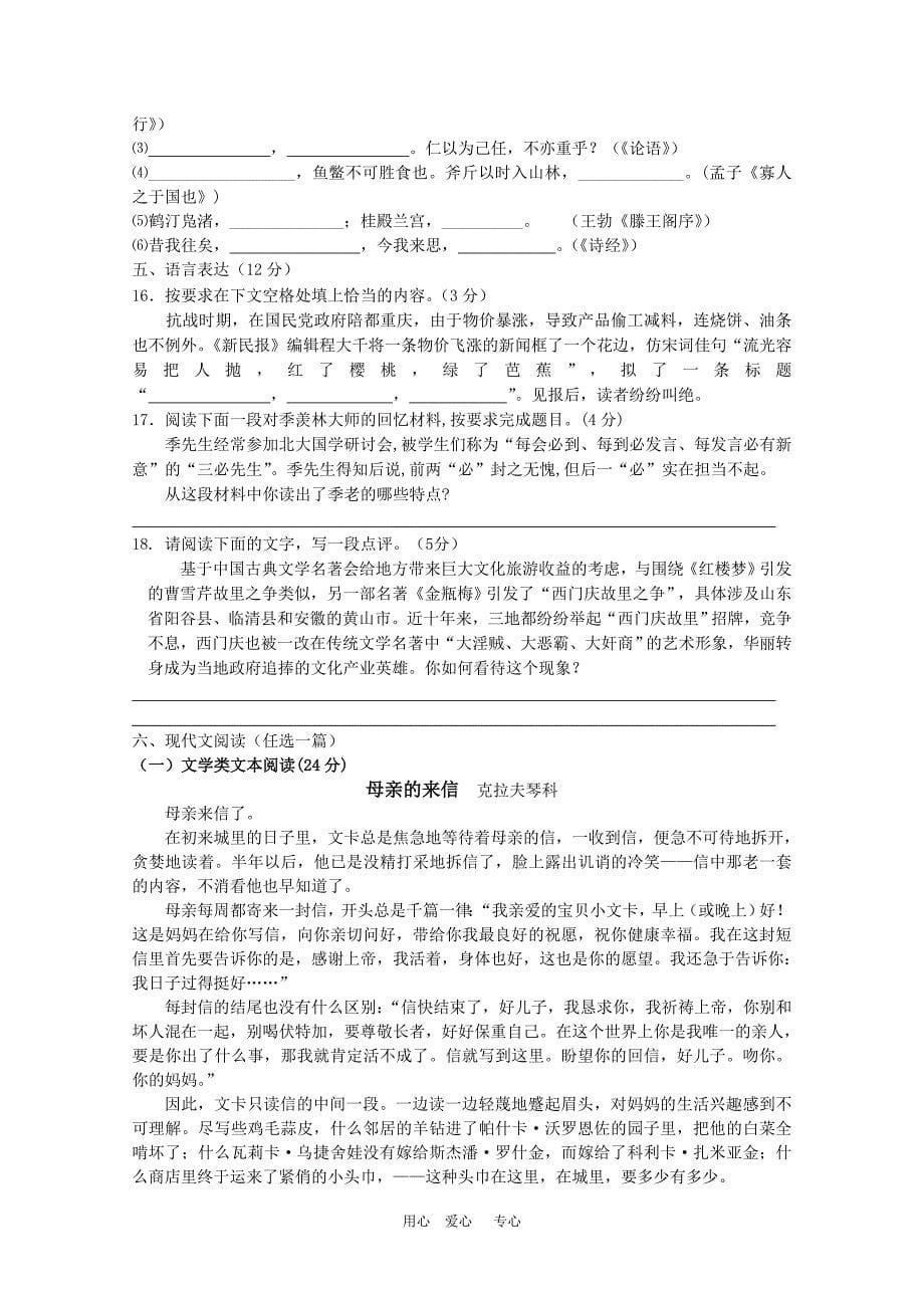 山东省枣庄二中2010高三语文最后高考模拟 新人教版_第5页