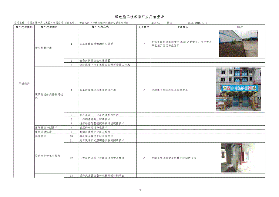 绿色施工技术推广应用检查表_第1页