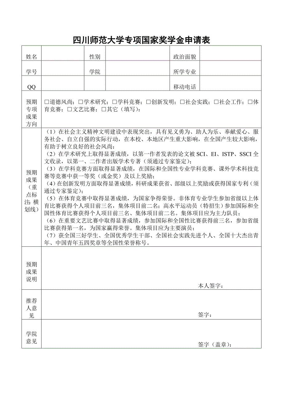 四川师范大学专项国家奖学金申请表_第1页