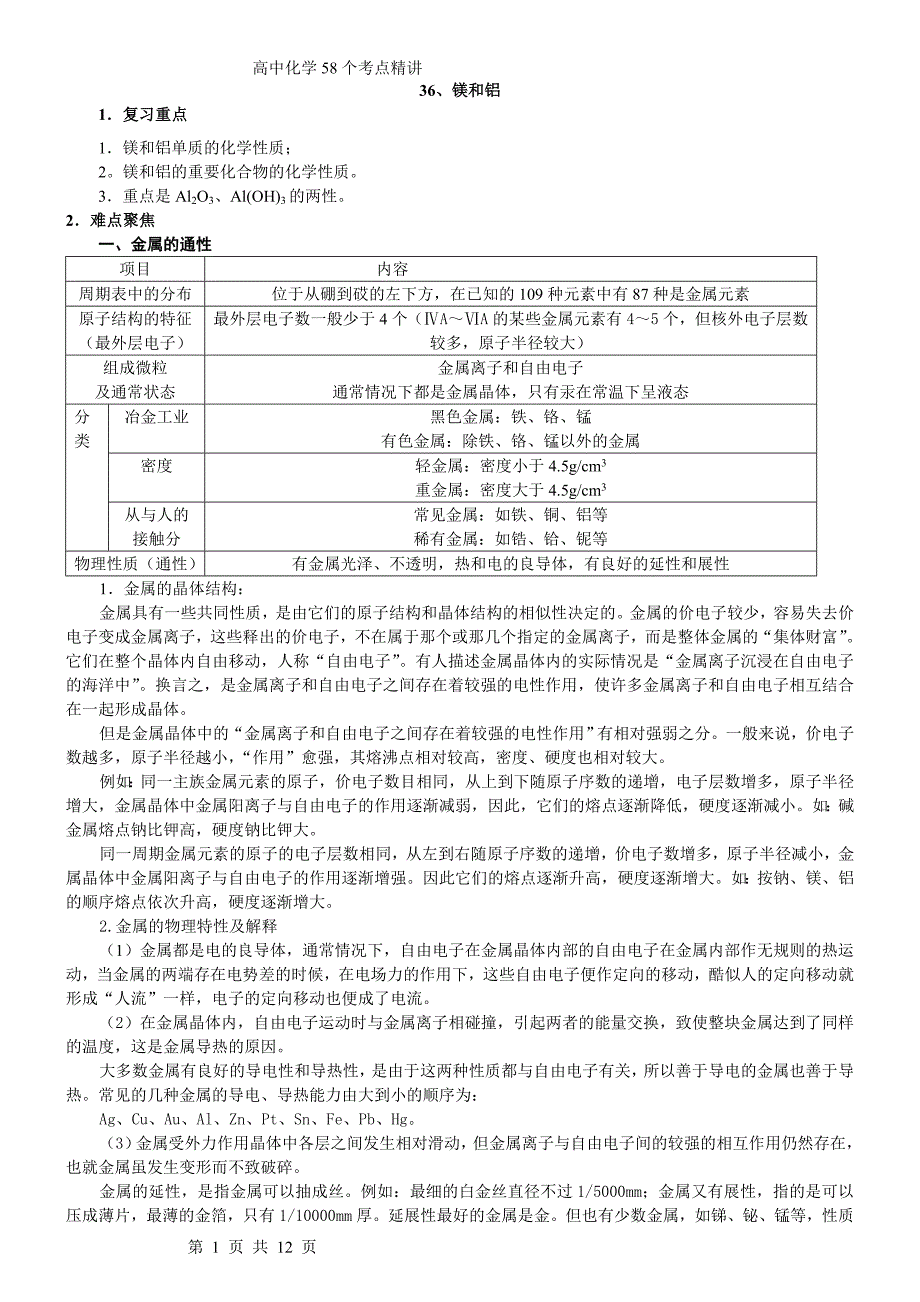 高考考点完全解读+练习+答案 36、镁和铝_第1页