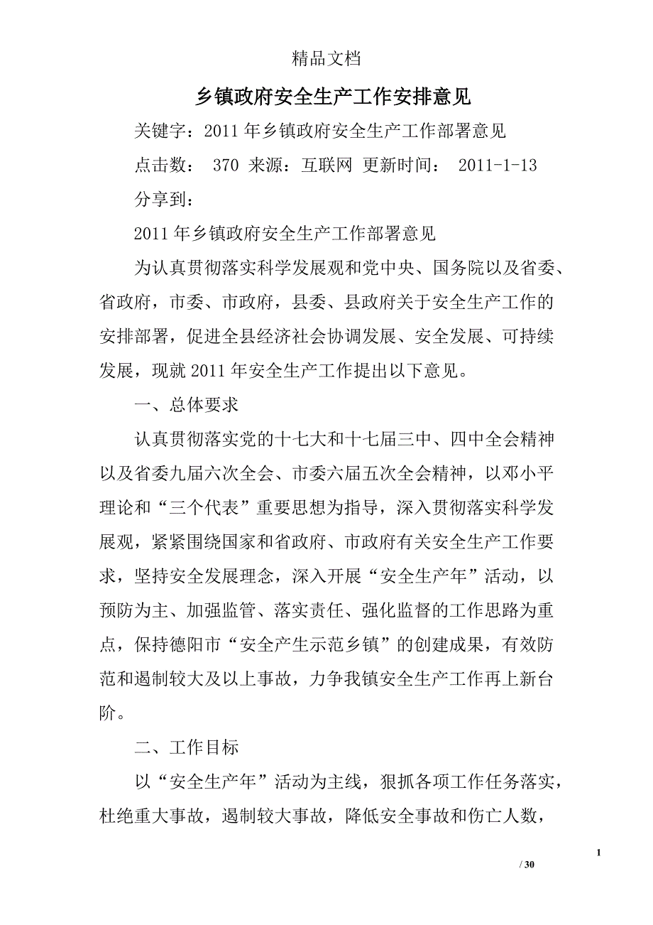 乡镇政府安全生产工作安排意见精选 _第1页