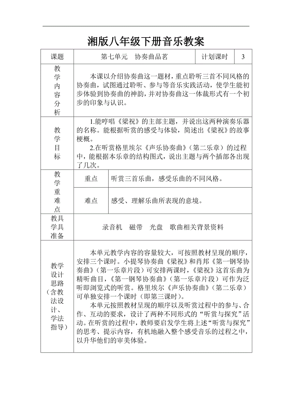 湘版八年级下册音乐教案 第七单元协奏曲品茗教案_第1页