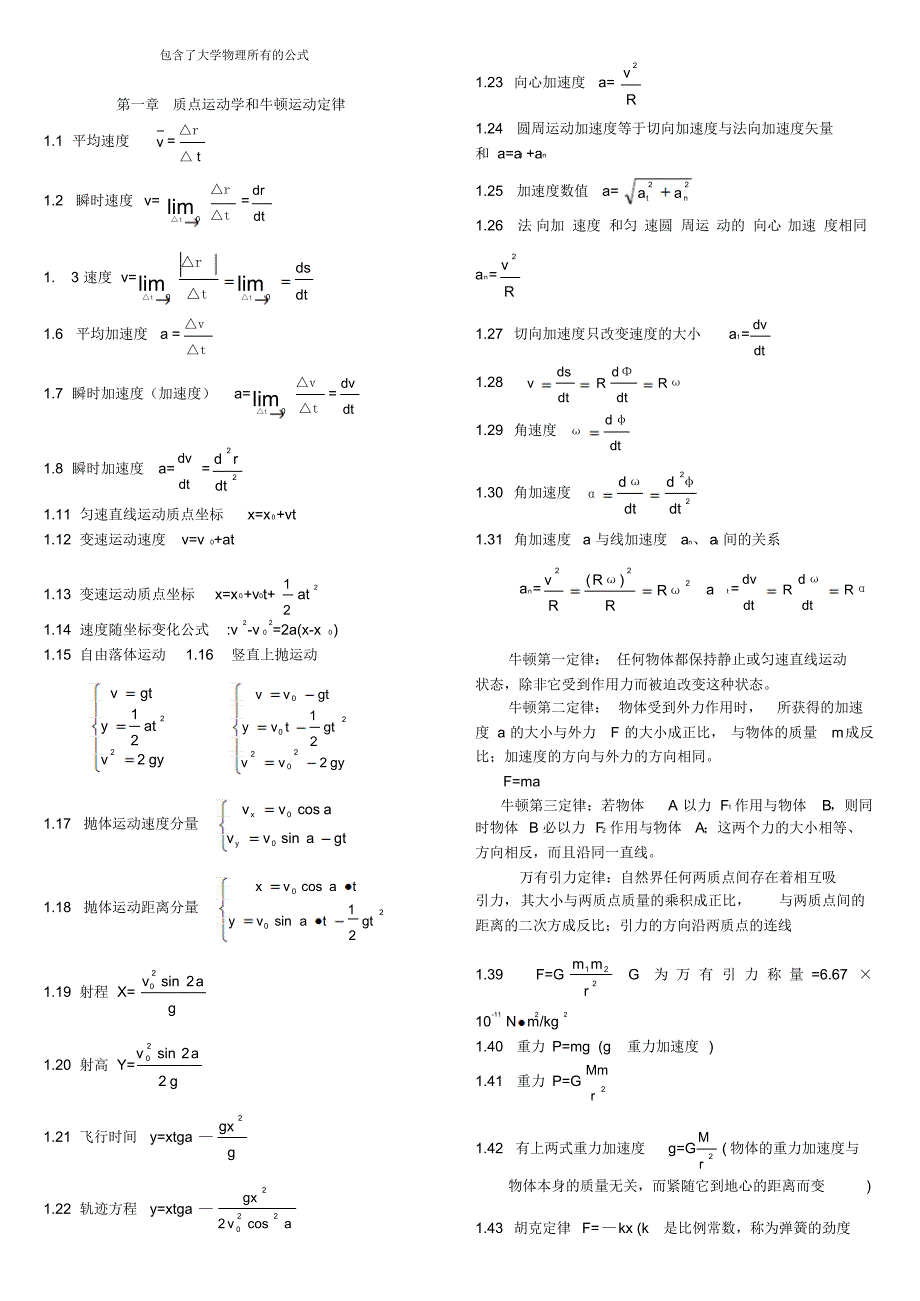 物理公式大全,包含了大学物理所有的公式_第1页