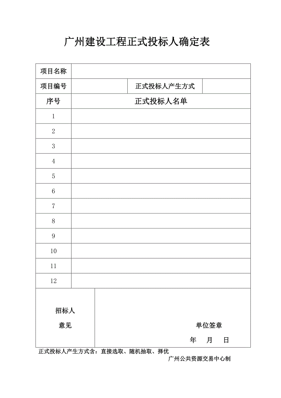 广州建设工程正式投标人确定表_第1页