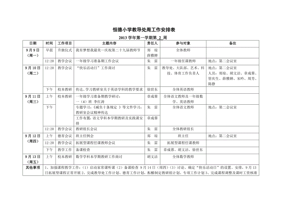 恒德小学教导处周工作安排表_第1页