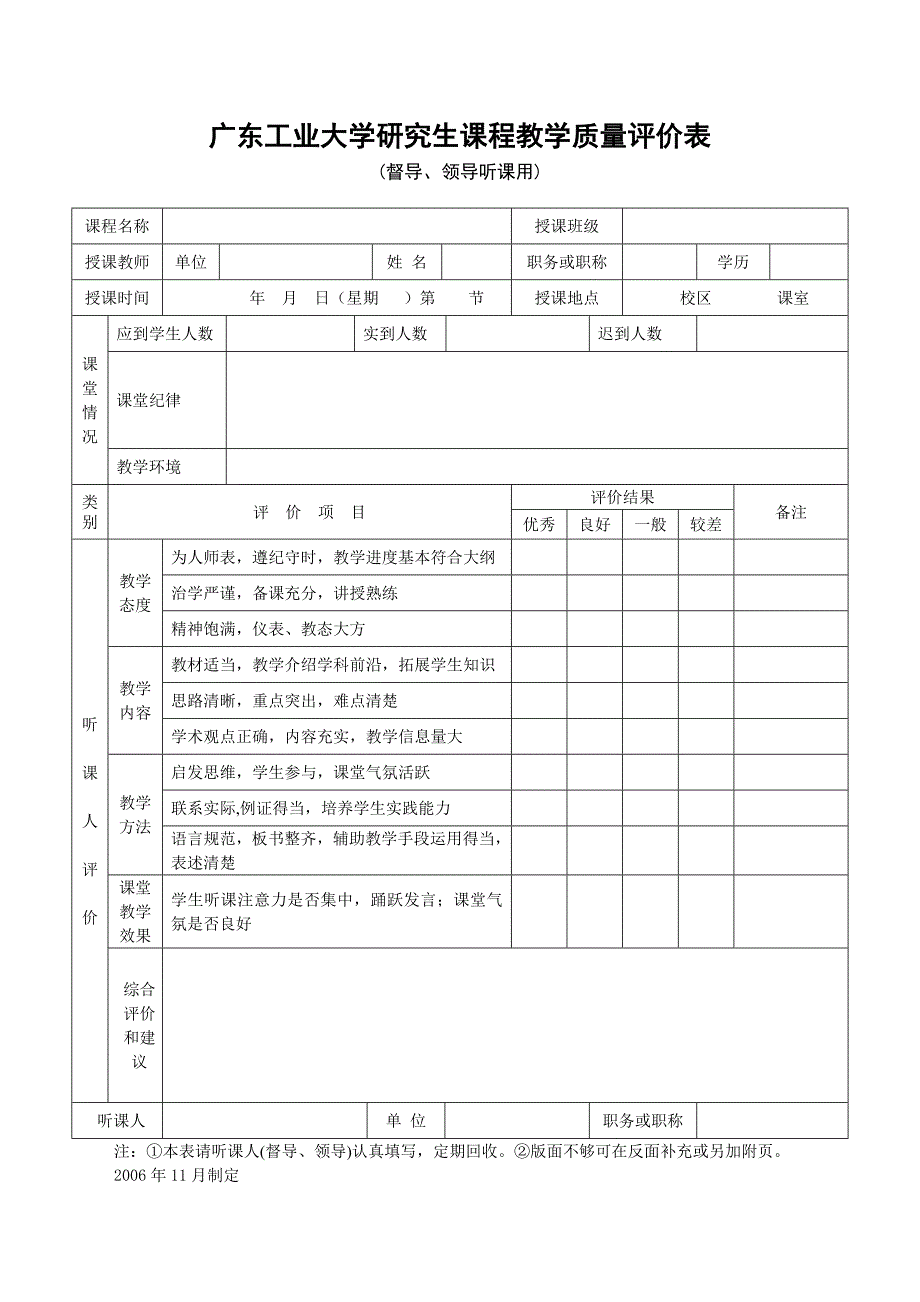 广东工业大学研究生课程教学质量评价表_第1页