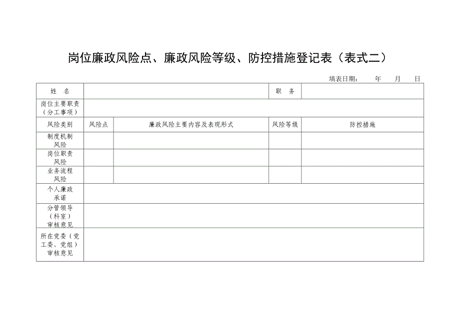 岗位廉政风险点、廉政风险等级、防控措施登记表（表式二）_第1页