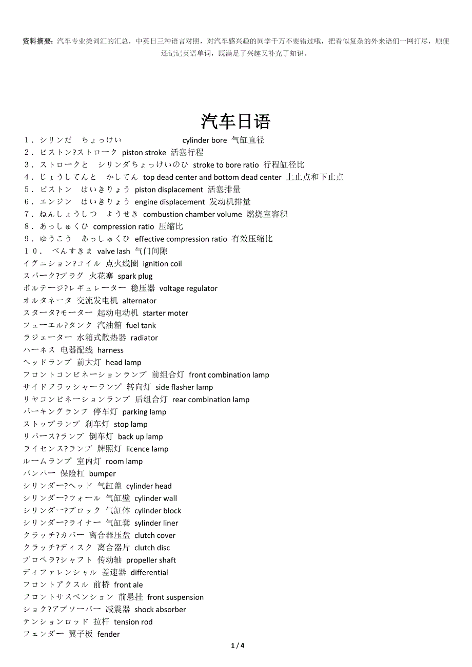 实用总结_汽车类日语汇总(中英日对照)_第1页