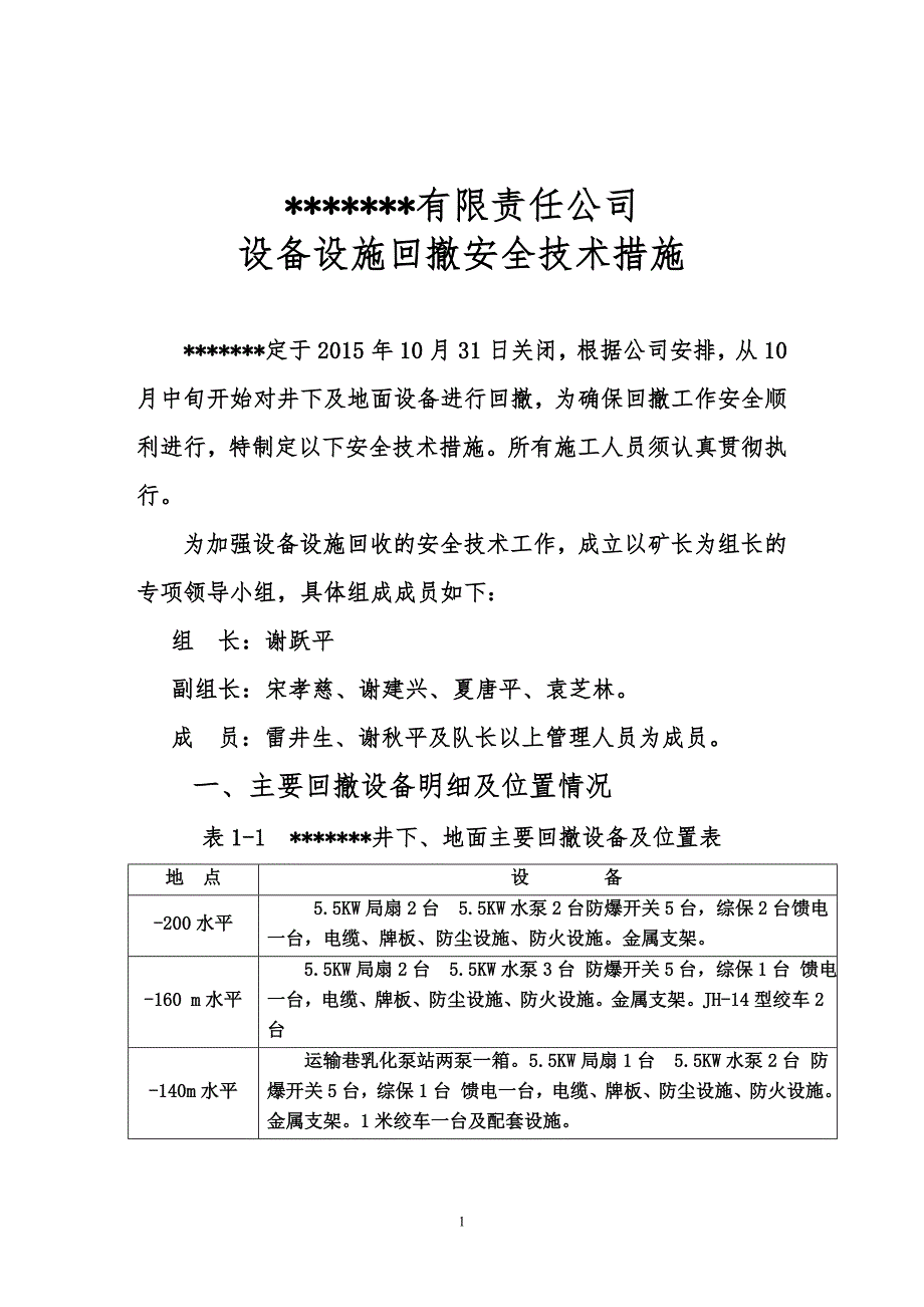 矿井闭坑前设备设施回撤安全技术措施_2015年_第1页