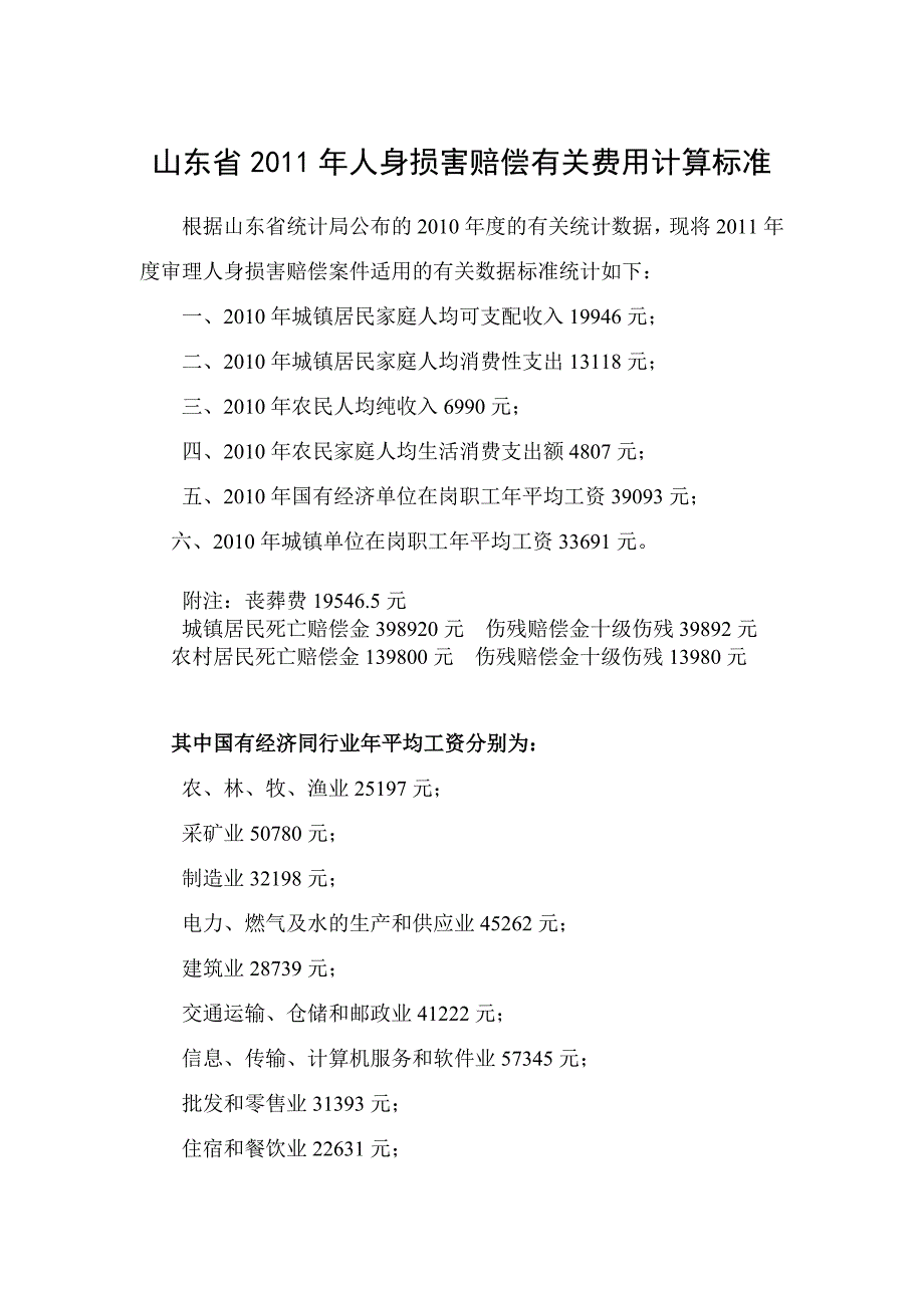 [法律资料]山东省2011年人身损害赔偿有关费用计算标准_第1页