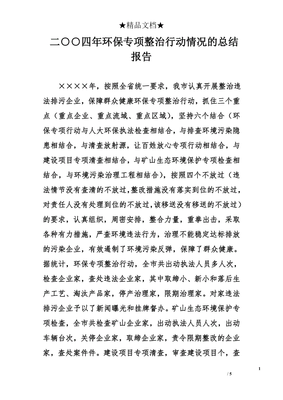 二○○四年环保专项整治行动情况的总结报告_第1页