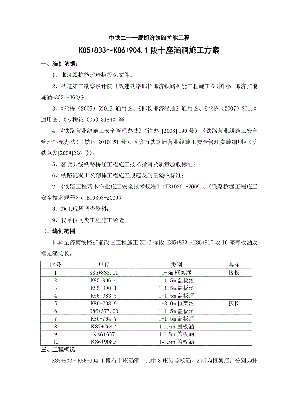 中铁二十一局邯济铁路涵洞接长施工组织设计_第1页