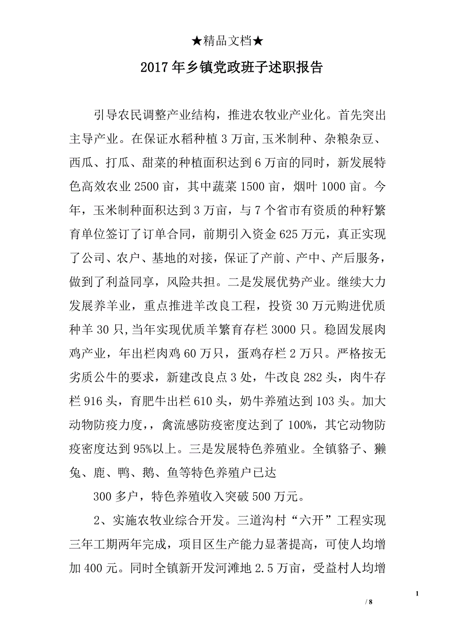 2017年乡镇党政班子述职报告精选_第1页