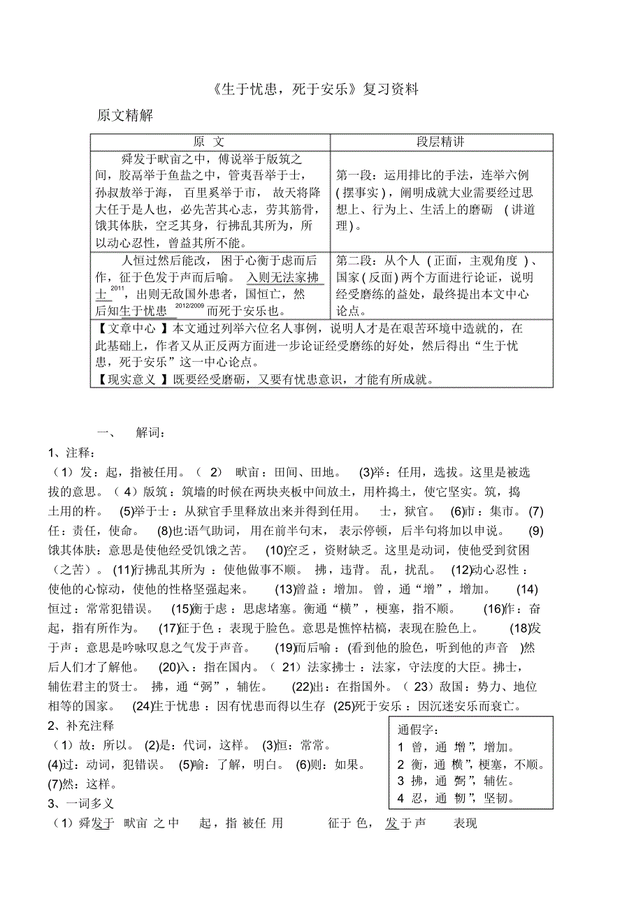 生于忧患死于安乐复习资料_第1页