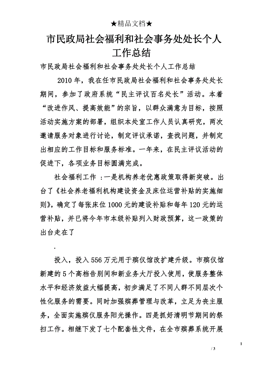 市民政局社会福利和社会事务处处长个人工作总结_第1页