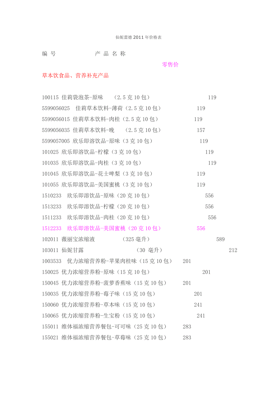 仙妮蕾德2011年价格表_第1页