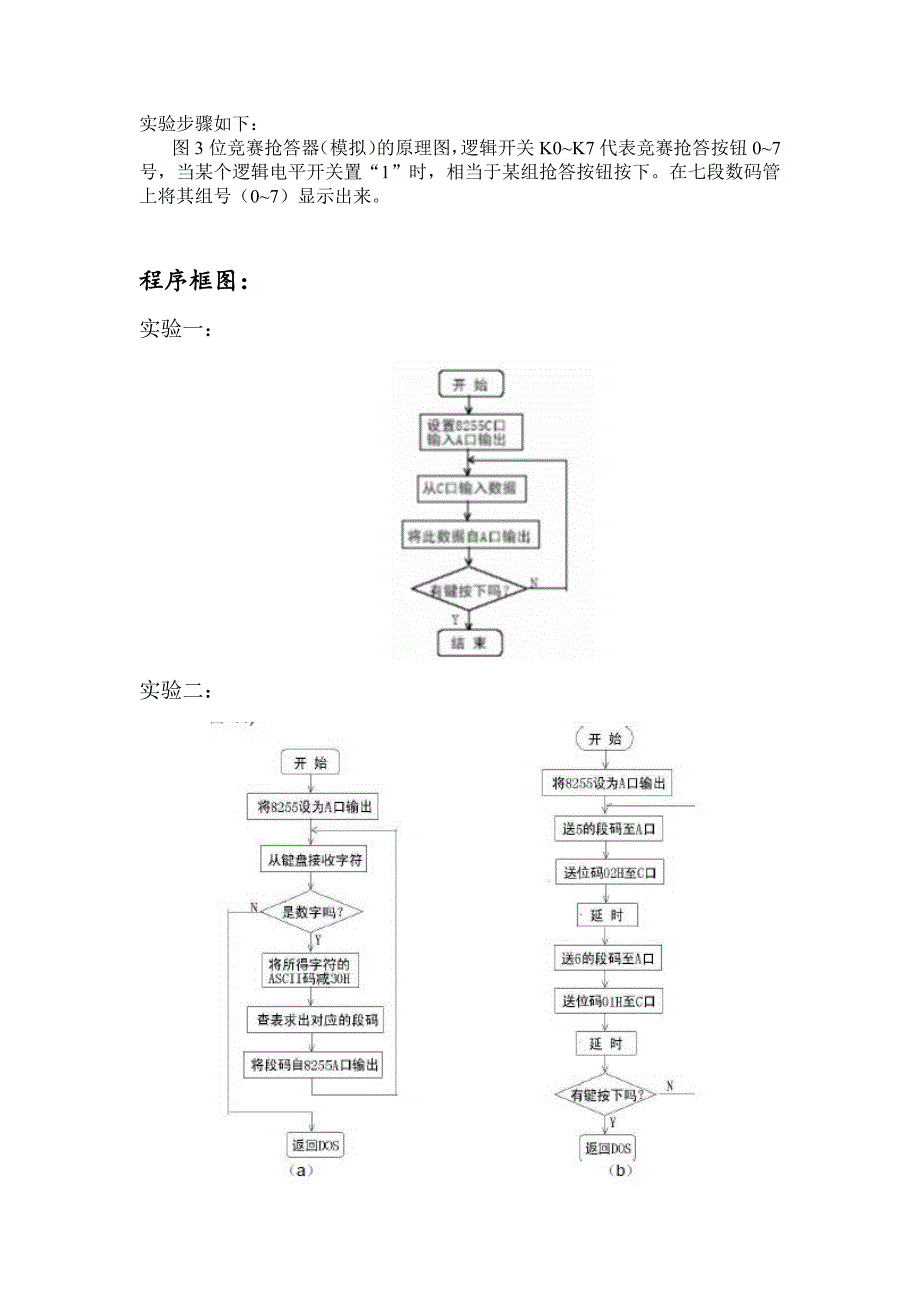 8255可编程并行接口(基本输入输出、动静态七段数码管、竞赛抢答器)微机原理实验报告_第3页