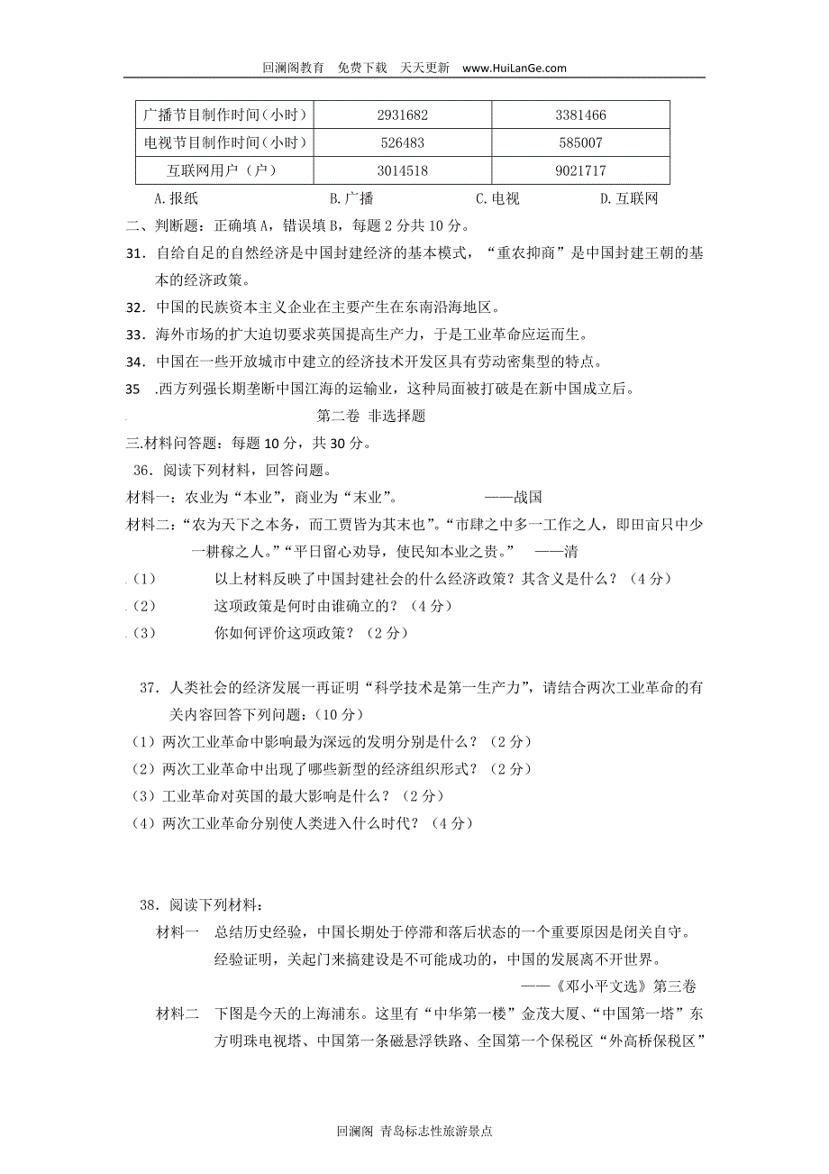 高一历史下学期期中考试卷9及答案_第4页