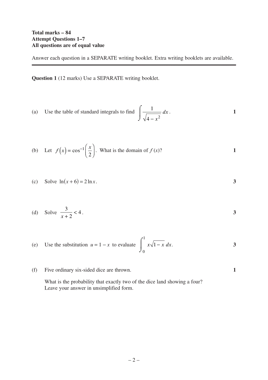 2010年澳大利亚高中统一考试hsc数学选修部分一试卷_第2页