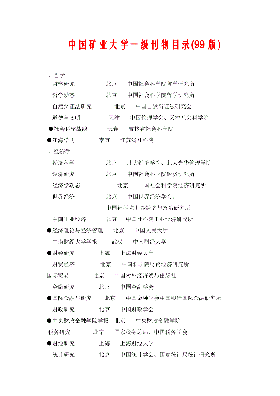 中国矿业大学一级刊物目录(99版)_第1页