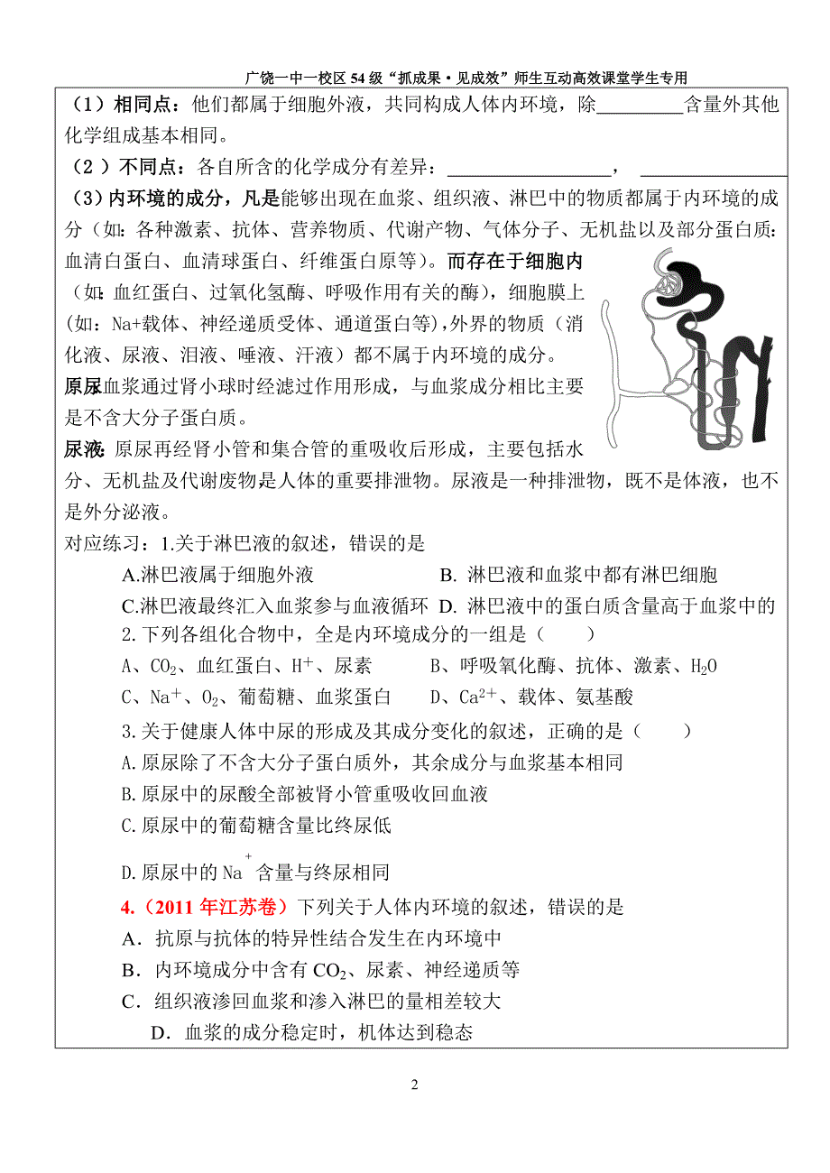 内环境及稳态导学案_第2页