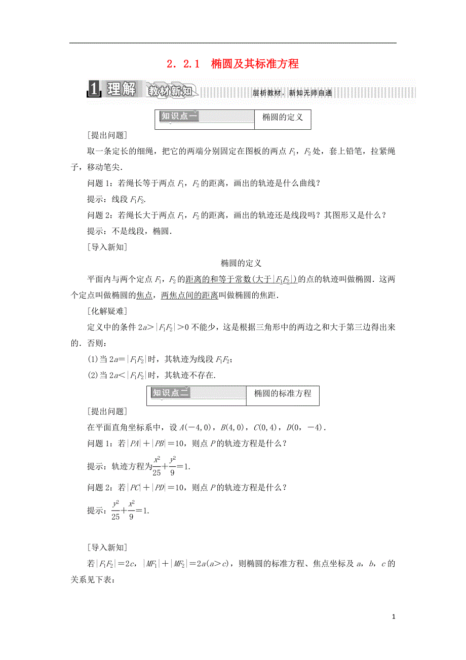 2017-2018年高中数学 第二章 圆锥曲线与方程 2.2.1 椭圆及其标准方程学案（含解析）新人教a版选修2-1_第1页