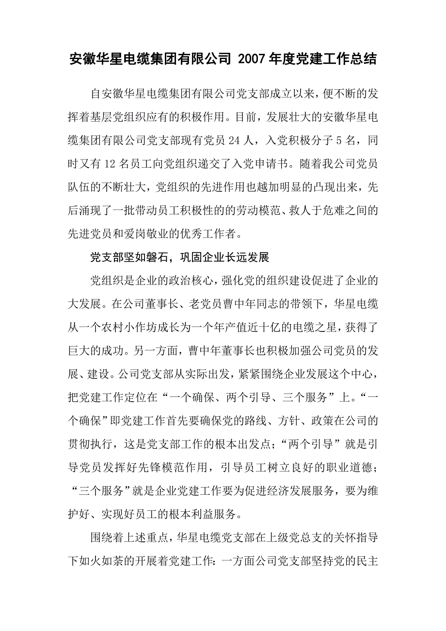 安徽华星电缆集团有限公司 年度党建工作总结_第1页