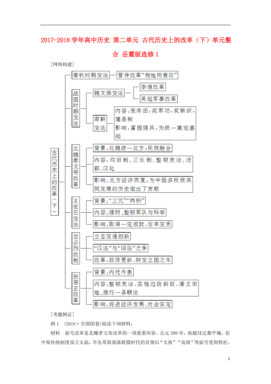 2017-2018年高中历史 第二单元 古代历史上的改革（下）单元整合 岳麓版选修1_第1页