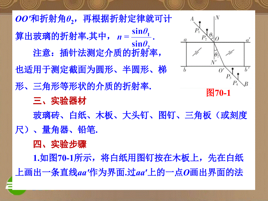 河北省2011年高考物理一轮总复习 光学 第70讲 实验：测定玻璃的折射率 课件 旧人教版_第3页