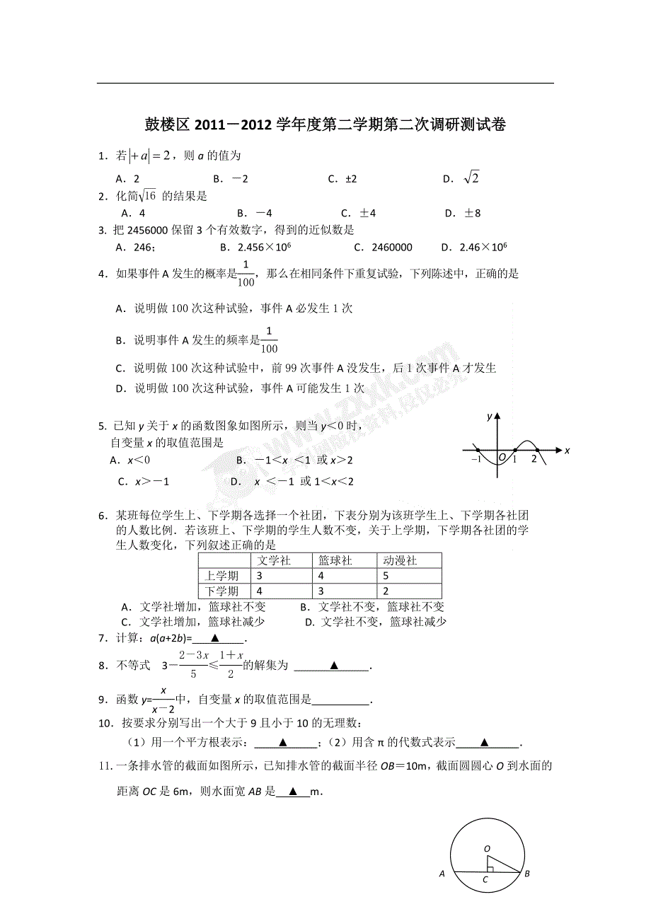 鼓楼区2012年数学二模及答案_第1页