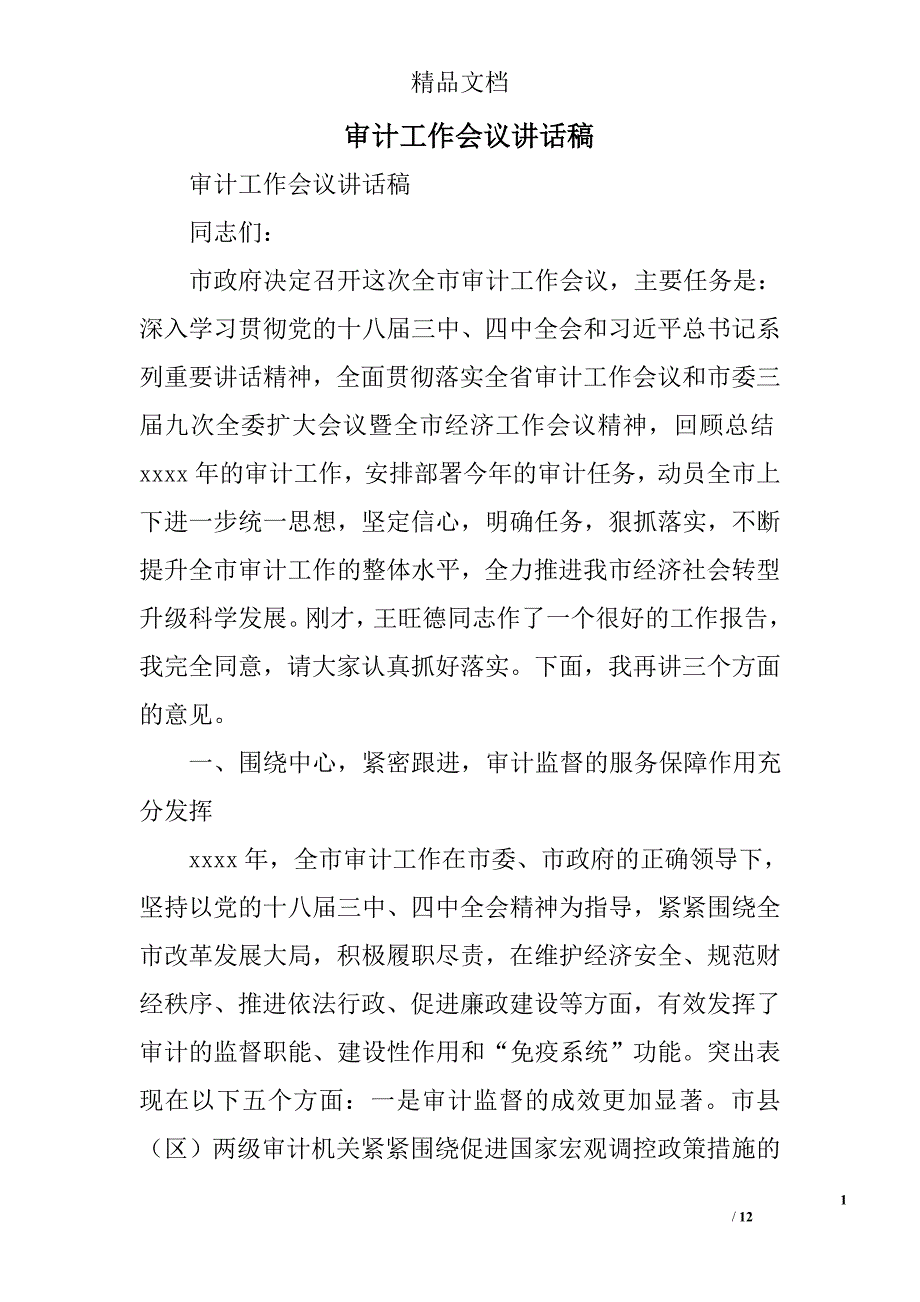 审计工作会议讲话稿精选_第1页