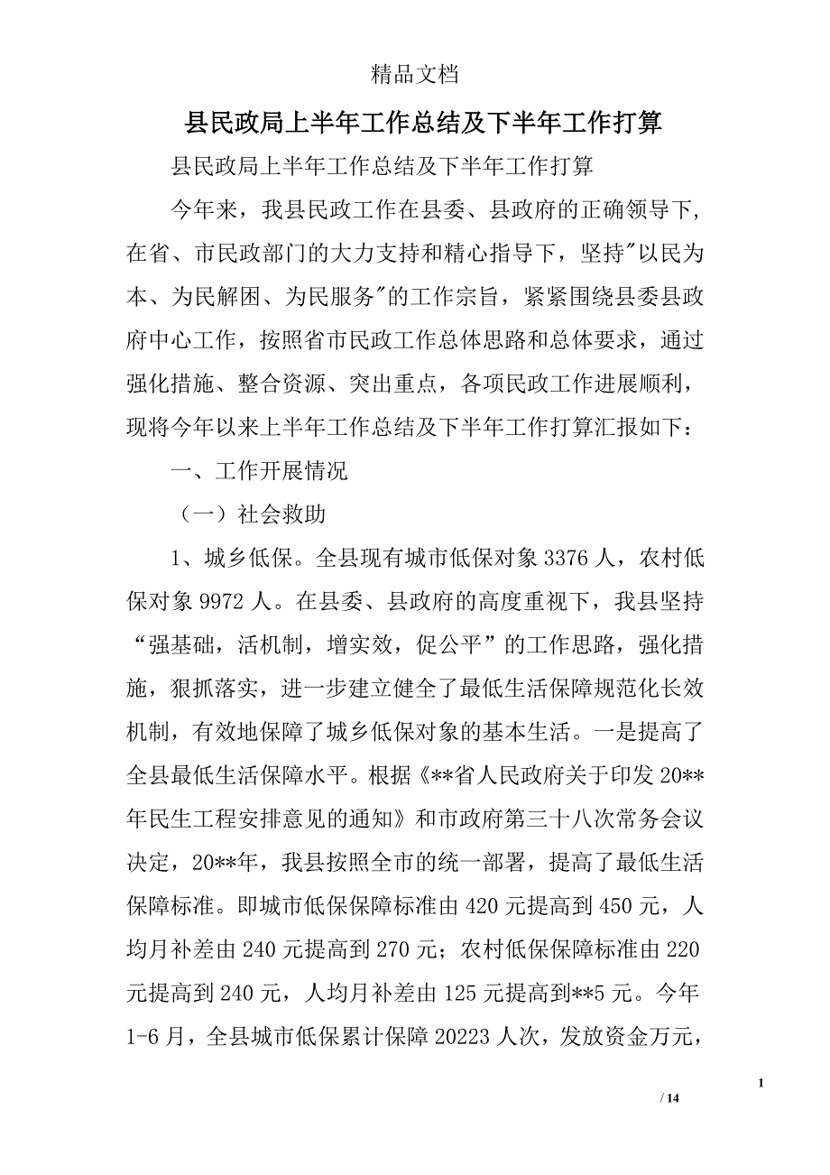 县民政局上半年工作总结及下半年工作打算精选_第1页