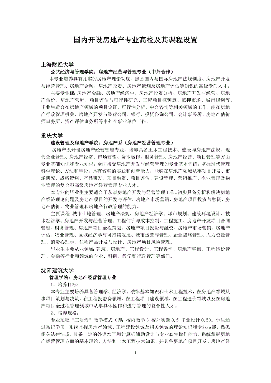 国内开设房地产专业高校及其课程设置_第1页