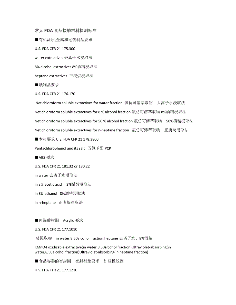 常见fda食品接触材料检测标准_第1页