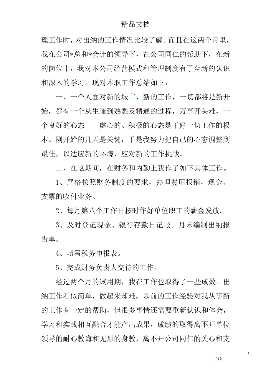 出纳试用期工作总结模板精选_第3页