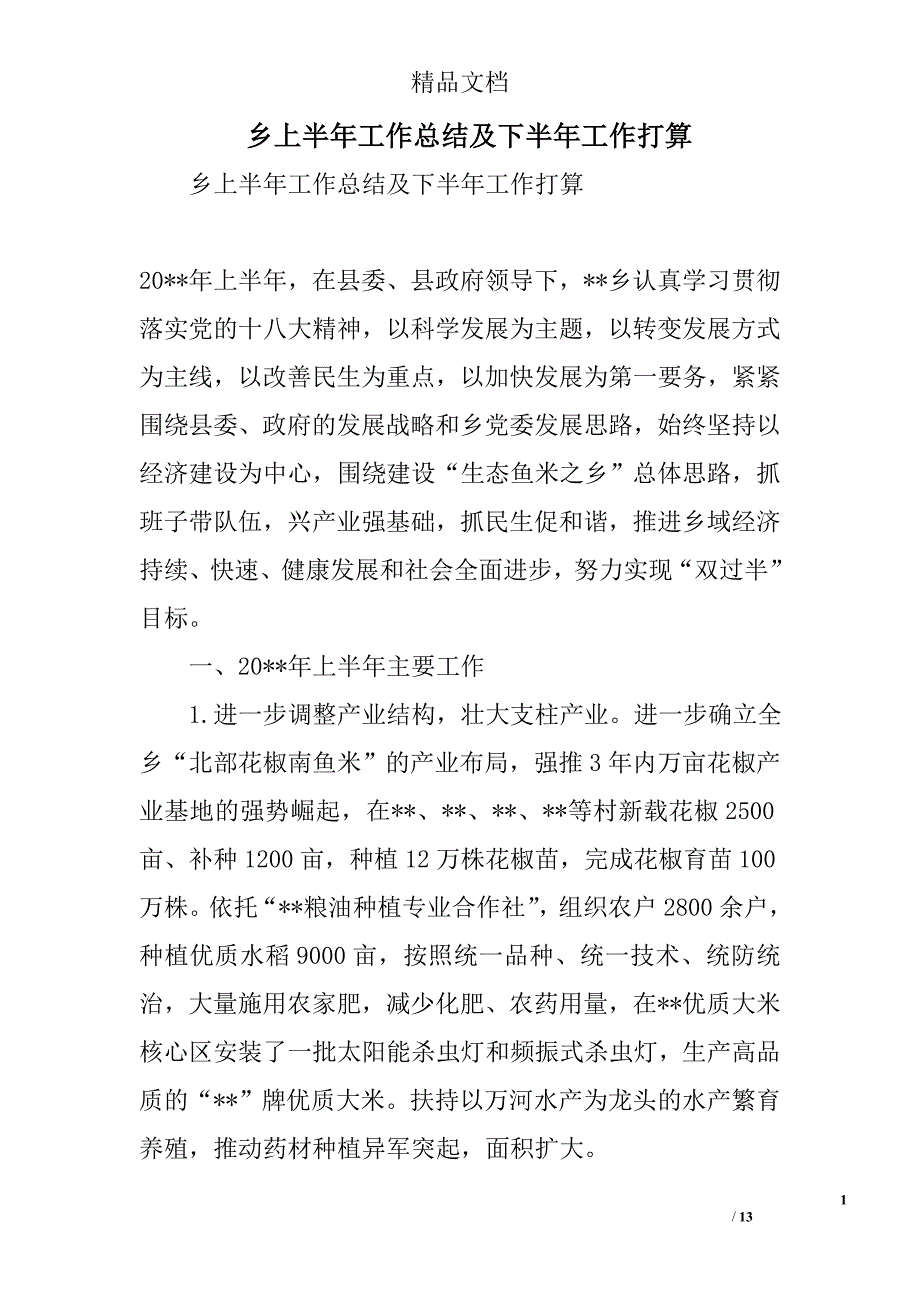 乡上半年工作总结及下半年工作打算精选_第1页