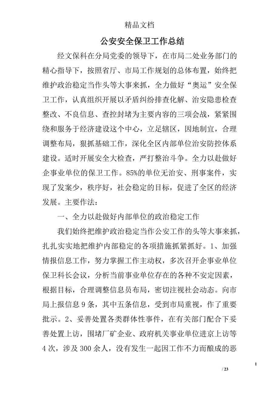 公安安全保卫工作总结精选 _第1页