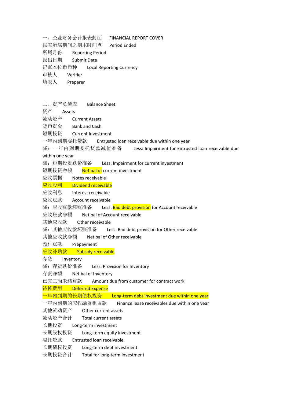 会计报表科目中英文对照_第1页