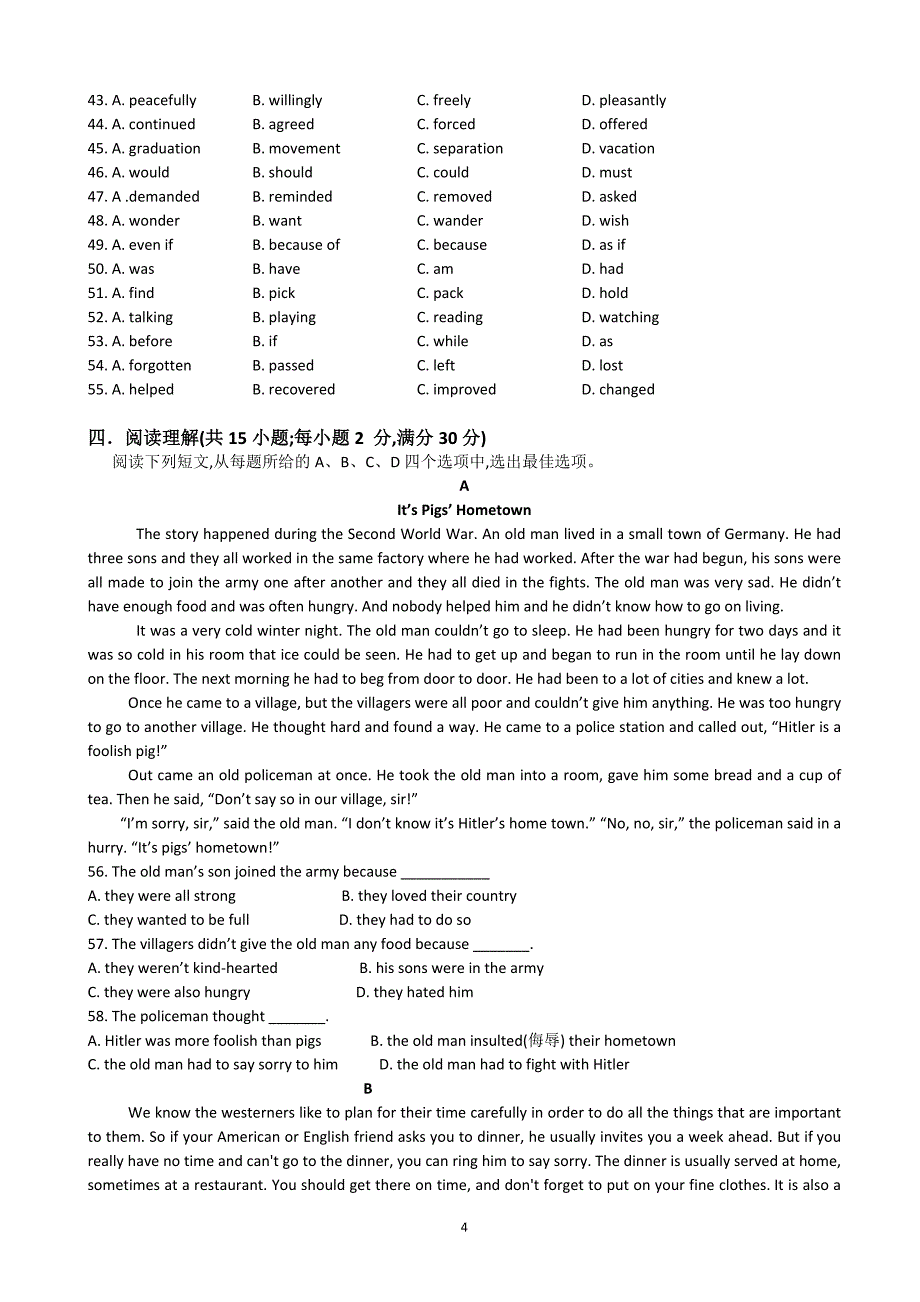 学年高一上学期期中英语试卷_word版含答案_第4页