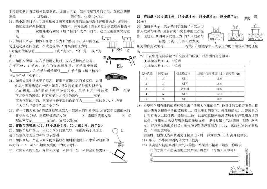 九年级物理压强和浮力经典试卷(有答案)题_第2页