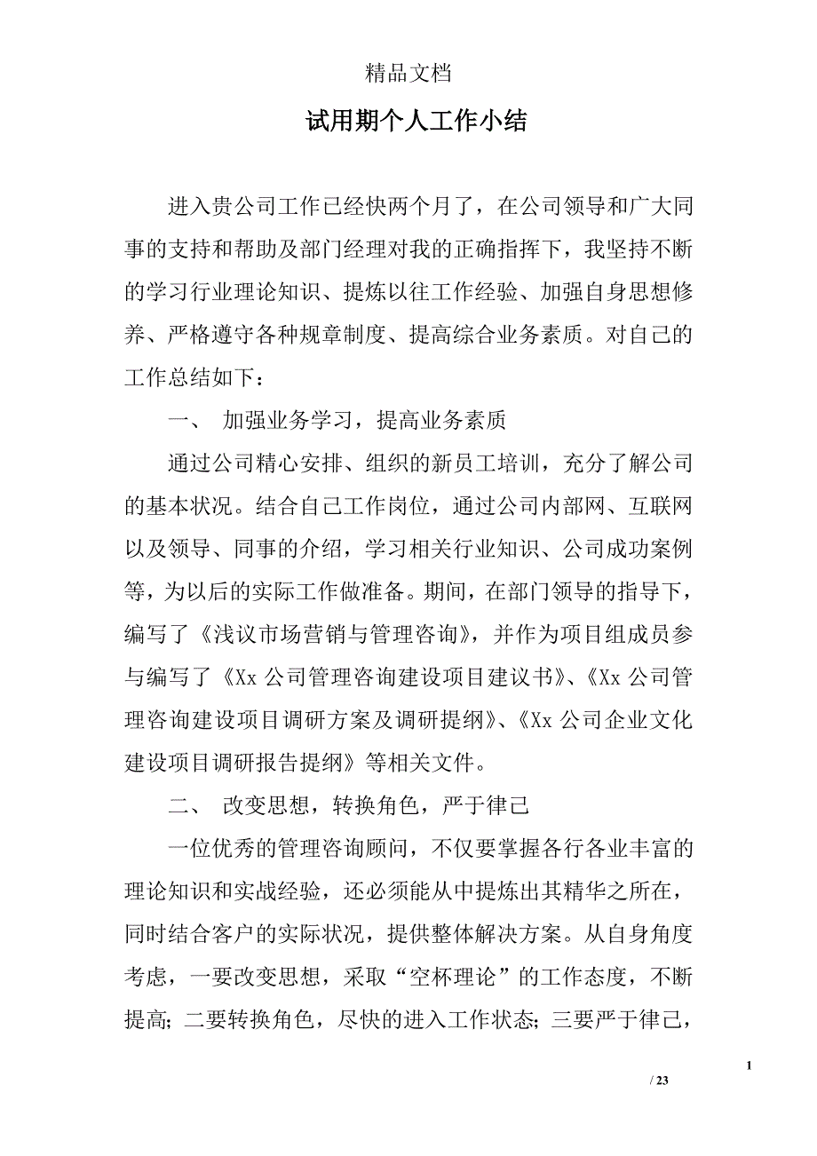 试用期个人工作小结精选 _第1页