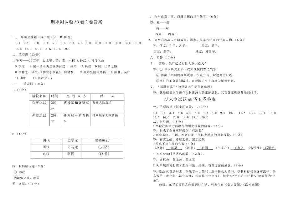 六年级上学期中国历史期末测试题ab卷_第5页