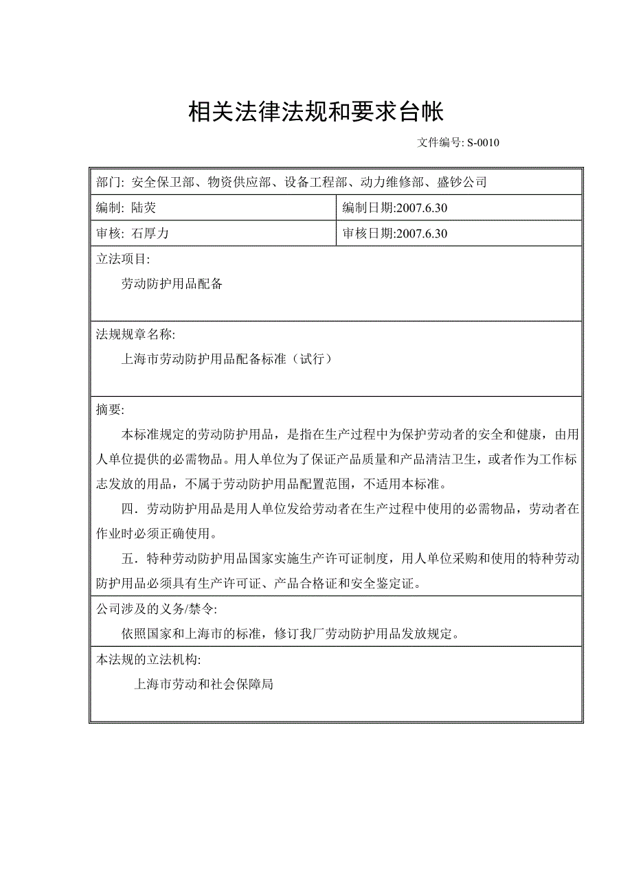 上海市劳动防护用品配备标准(试行)_第1页