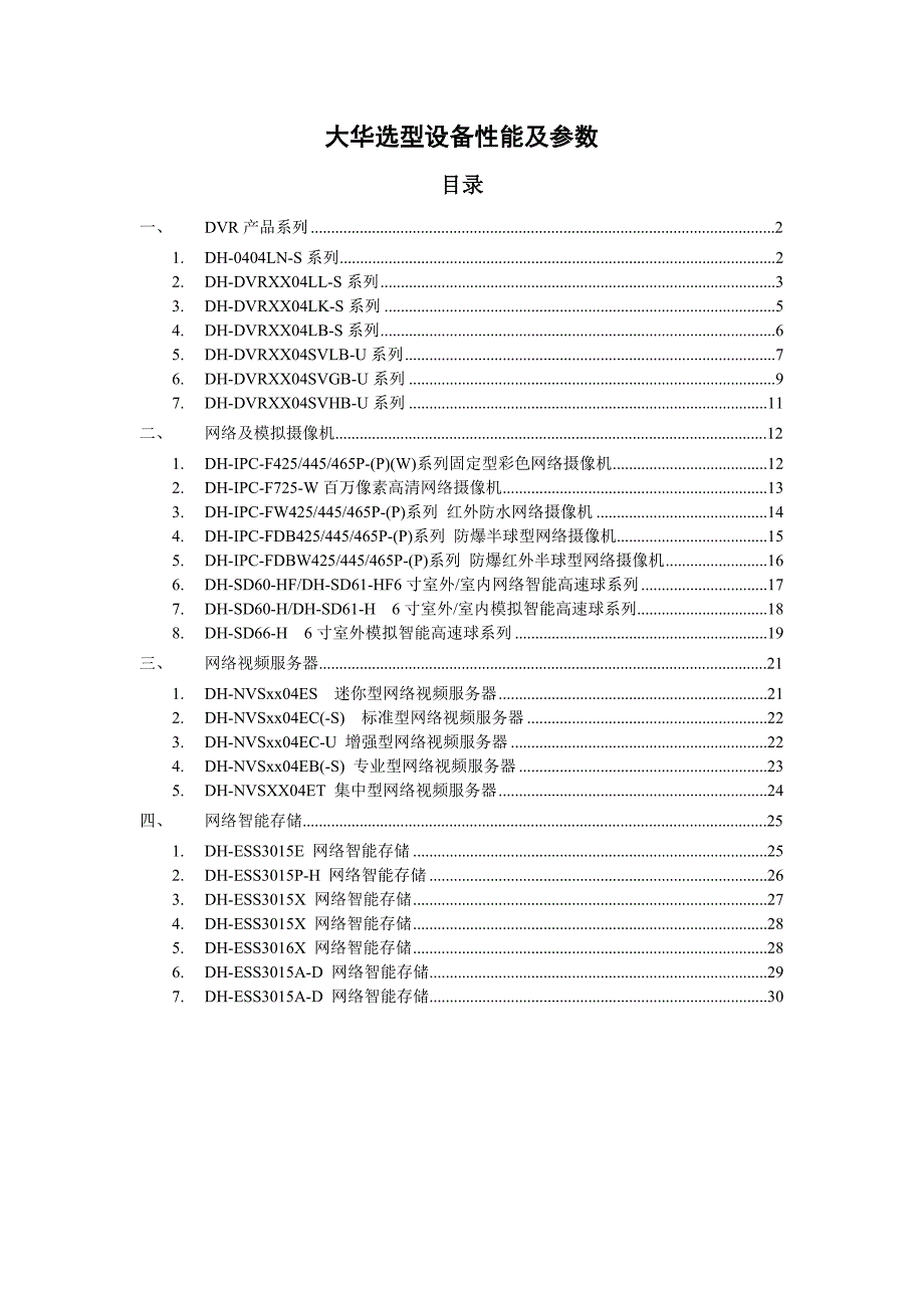 大华常用产品选型性能参数表_第1页
