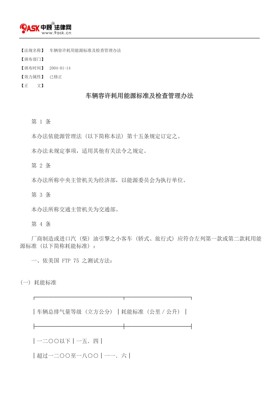 车辆容许耗用能源标准及检查管理办法_第1页