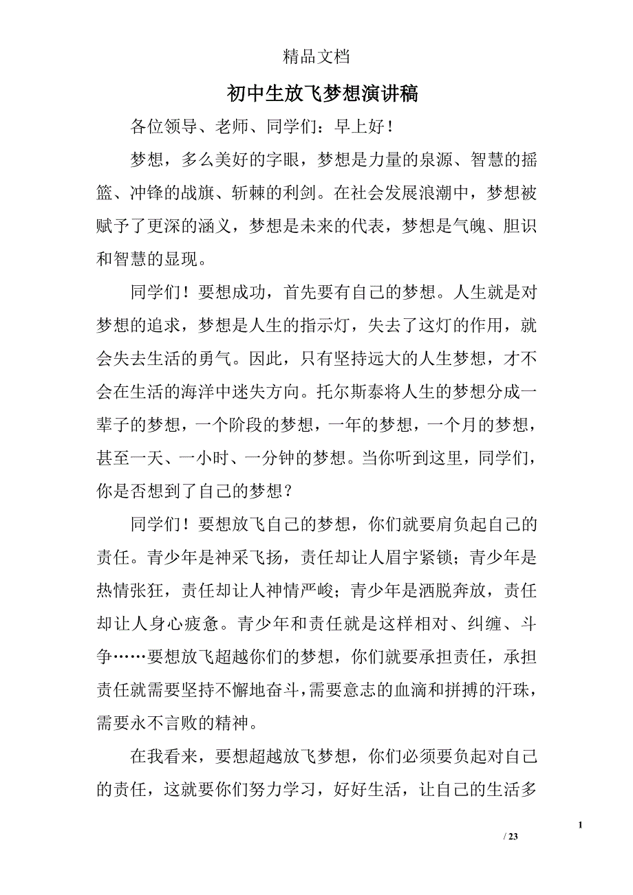 初中生放飞梦想演讲稿精选 _第1页