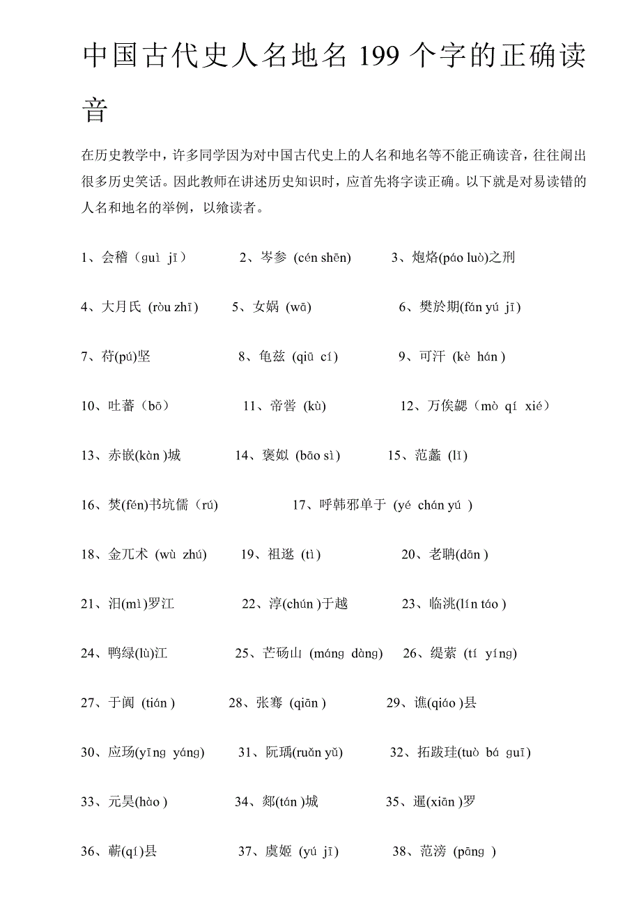 中国古代史人名地名199个字的正确读音_第1页