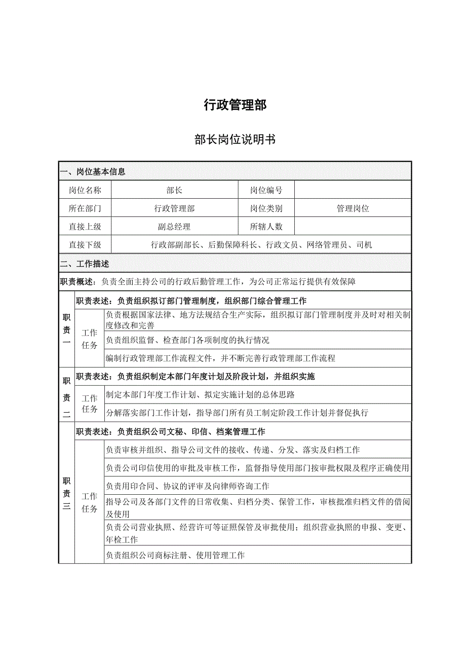 行政管理部-部长岗位职责说明书_第1页